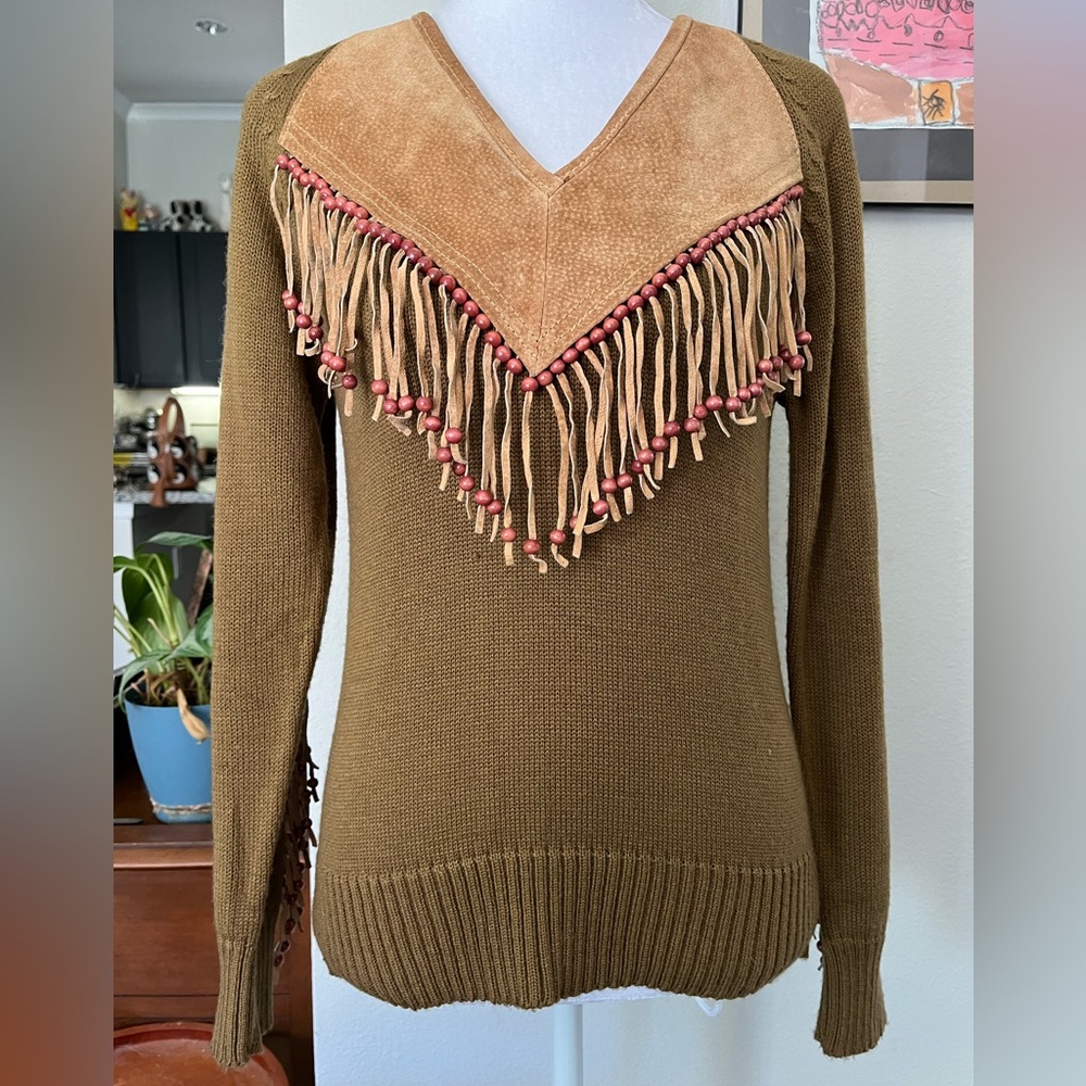 Vtg 70’s 80’s Miller Outerwear Suede Leather Fringe Boho Sweater S M